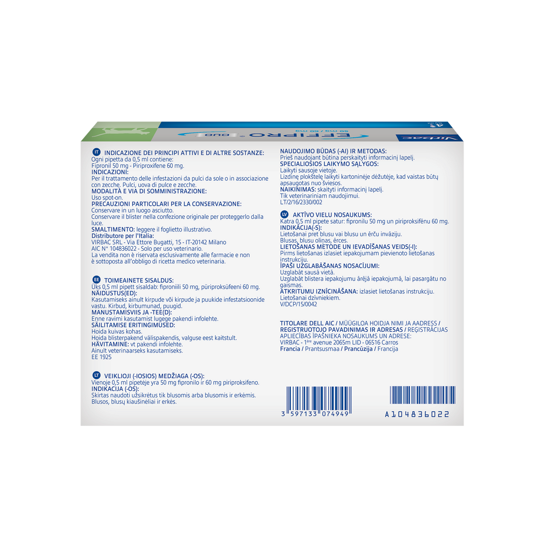 EFFIPRO DUO SPOT ON GATTI (4 Pipette) - Antiparassitario per Gatti