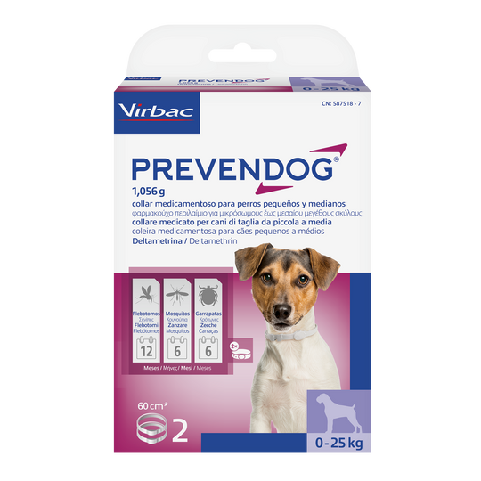 PREVENDOG COLLARE 60 cm (2 pezzi) – Contro zecche, flebotomi e zanzare fino a 6 mesi per cani da 0 a 25 kg