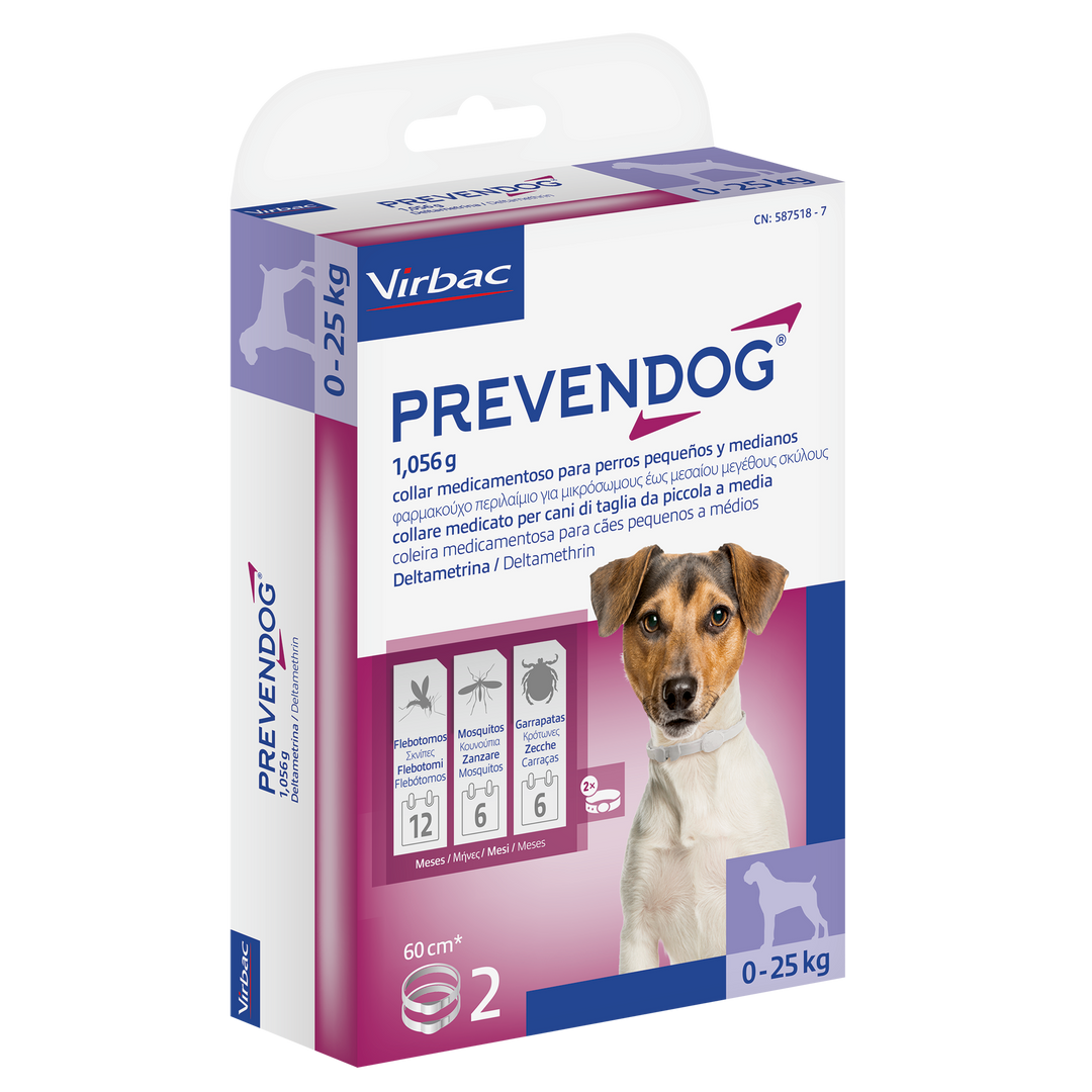 PREVENDOG COLLARE 60 cm (2 pezzi) – Contro zecche, flebotomi e zanzare fino a 6 mesi per cani da 0 a 25 kg