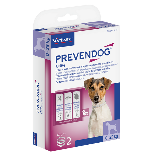 PREVENDOG COLLARE 60 cm (2 pezzi) – Contro zecche, flebotomi e zanzare fino a 6 mesi per cani da 0 a 25 kg