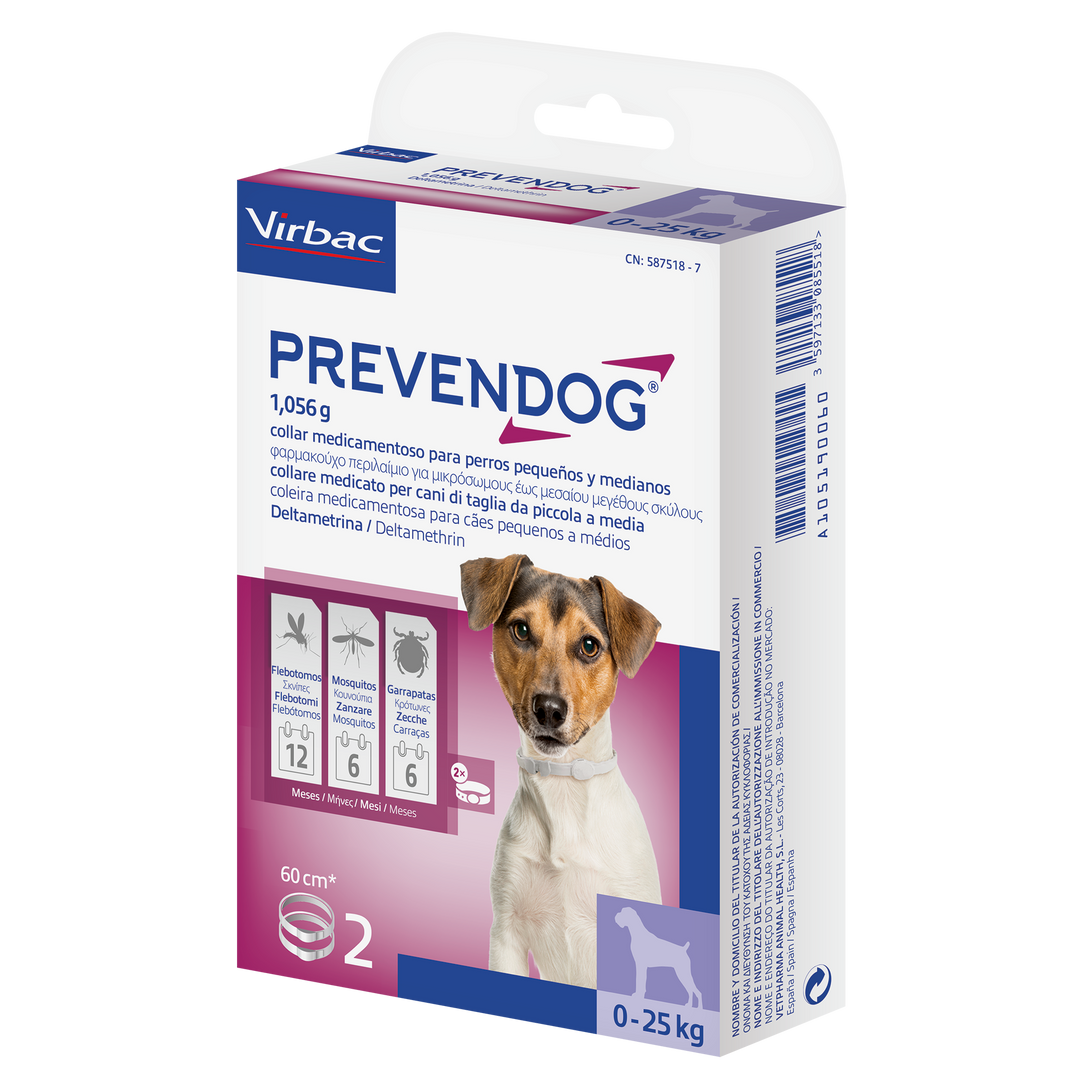 PREVENDOG COLLARE 60 cm (2 pezzi) – Contro zecche, flebotomi e zanzare fino a 6 mesi per cani da 0 a 25 kg
