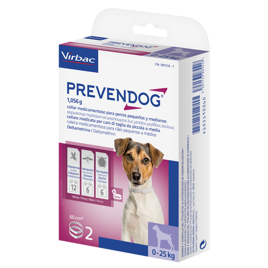 PREVENDOG COLLARE 60 cm (2 pezzi) – Contro zecche, flebotomi e zanzare fino a 6 mesi per cani da 0 a 25 kg
