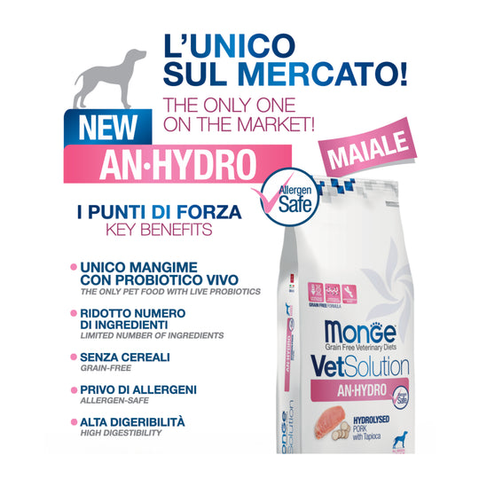 MONGE VETSOLUTION AN-HYDRO CANE - Alimento dietetico completo per cani adulti con sensibilità e intolleranze alimentari
