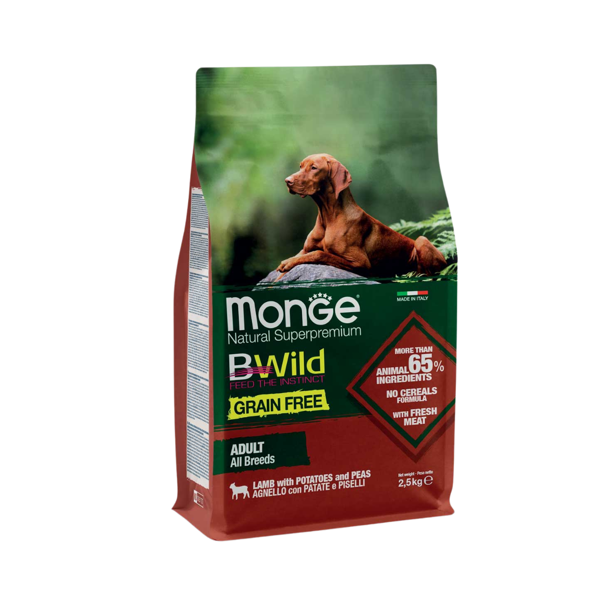 MONGE NATURAL CANE GRAIN FREE ALL BREEDS ADULT AGNELLO PATATE E PISELLI