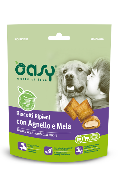 OASY BISCOTTI RIPIENI AGNELLO E MELA  (80gr) - Alimento complementare per cani adulti