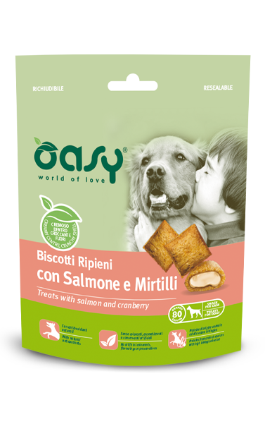 OASY BISCOTTI RIPIENI SALMONE E MIRTILLI (80gr) - Alimento complementare per cani adulti