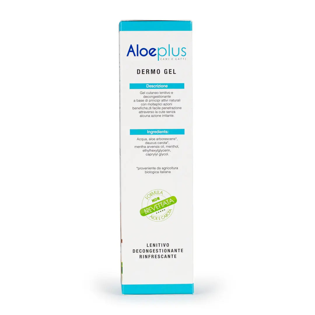Una bottiglia di Aloeplus Dermo Gel per cani e gatti, ideale per alleviare il dolore articolare e le irritazioni cutanee dei tuoi animali domestici.
