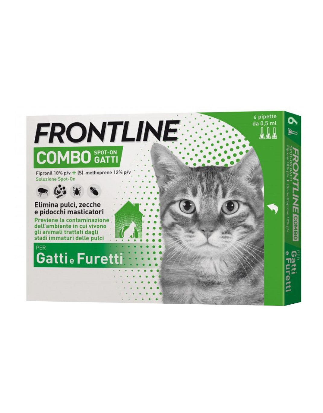 Frontline combo gatti in 6 pipette con una formula avanzata di Fipronil e S-Methoprene per una protezione completa da pulci, zecche e pidocchi