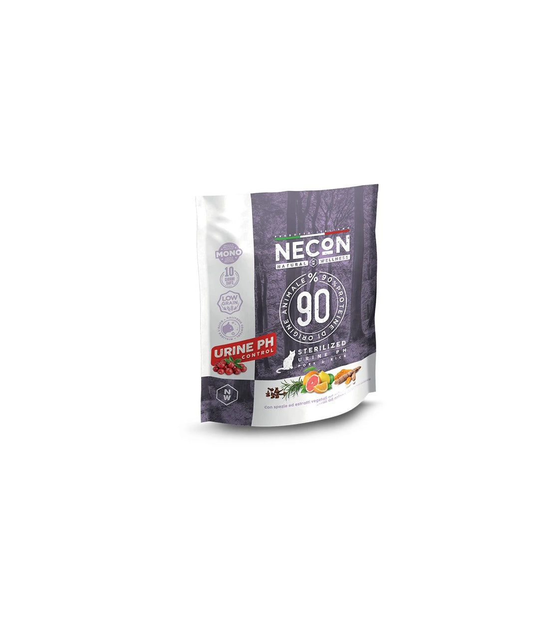 Immagine del sacchetto di Sterilized Urine PH Pork & Rice per gatti sterilizzati di Necon Petfood."